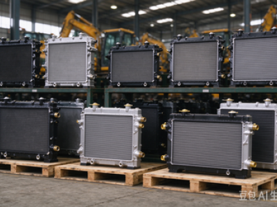 Excavator radiator spare parts neatly arranged in warehouse, construction machinery replacement radiator for aftermarket repair